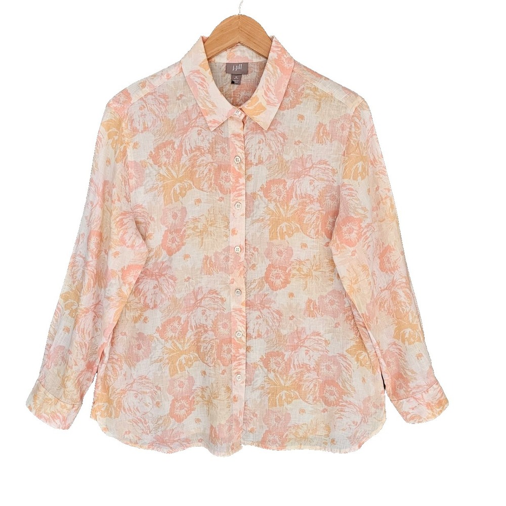 J Jill 100% Linen Button Up Top Womens M Petite Pastel Floral Coastal Romantic